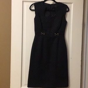 Tahari black dress gold belting detail